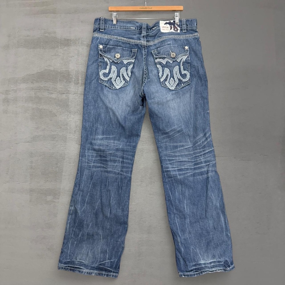 Y2K Mek Denim St Louis Bootcut Jeans Blue BKE Embroidered Flap Pocket 38 x 34